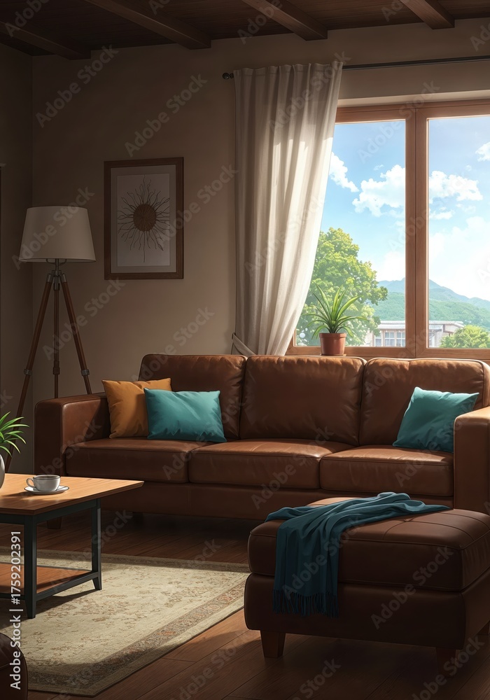 Fototapeta premium Cozy Living Space: A beautifully furnished living room radiates warmth and comfort, inviting relaxation. Bathed in natural light streaming through the large windows.