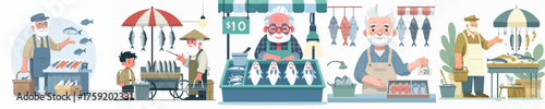 vector of grandfather selling fish