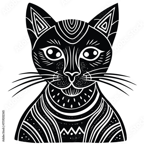 keywords  linocut  cat  vintage  tribal  handmade .eps