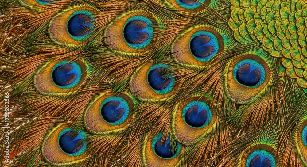 Obraz premium Vibrant Peacock Feathers: A close-up shot revealing the stunning beauty and intricate details of a peacock's plumage, showcasing nature's artistry with vivid colors and patterns.