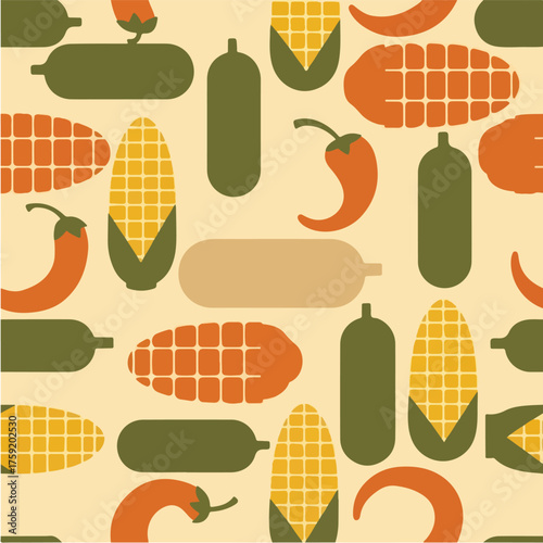 Seamless pattern of fresh vegetables, including corn, chili peppers, and cucumbers, in a retro flat design style with a muted color palette