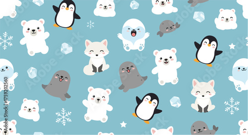 Cute Winter Arctic Animals Seamless Pattern Adorable Polar Bears, Penguins, and Seals with Snowflakes on a Light Blue Background, Perfect for Children's Designs