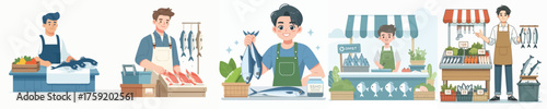 vector of young man selling fish
