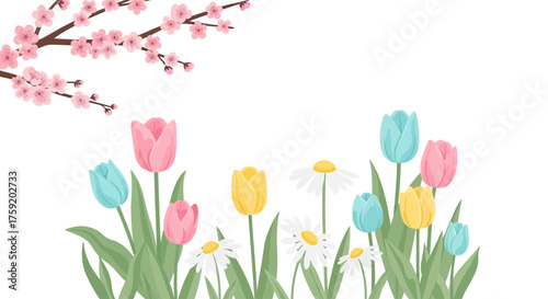 A vibrant illustration of a spring scene featuring blooming flowers and a branch with pink blossoms.