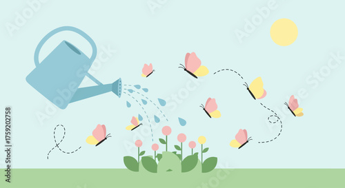A whimsical illustration of a watering can nurturing flowers, with butterflies fluttering around under the sun.