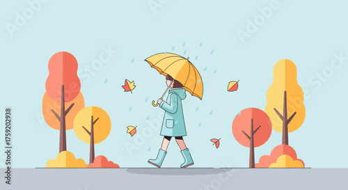A person in a raincoat and boots walks under an umbrella in the rain, surrounded by autumn trees.