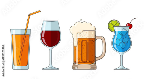 Four different types of drinks in glasses, including juice, wine, beer, and a cocktail.