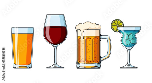 Illustration of four different types of alcoholic beverages in glasses.