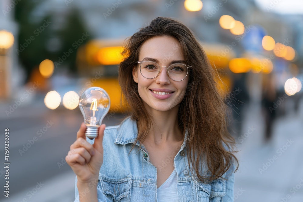 Obraz premium Energy saving idea Happy young woman promoting new LED technology