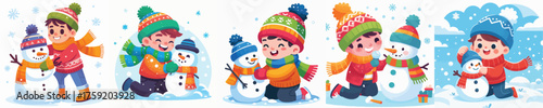 vector of a young man playing with a snowman