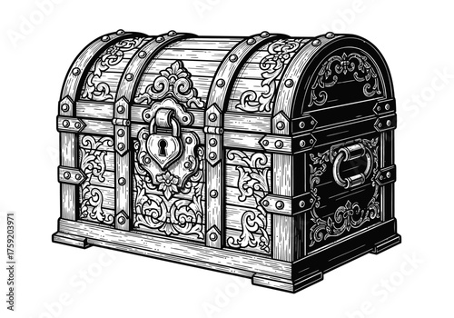 An ornate vintage treasure chest featuring intricate baroque details and a lock, illustrated in a bold black and white woodcut engraving style