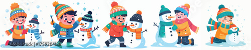 vector of a young man playing with a snowman