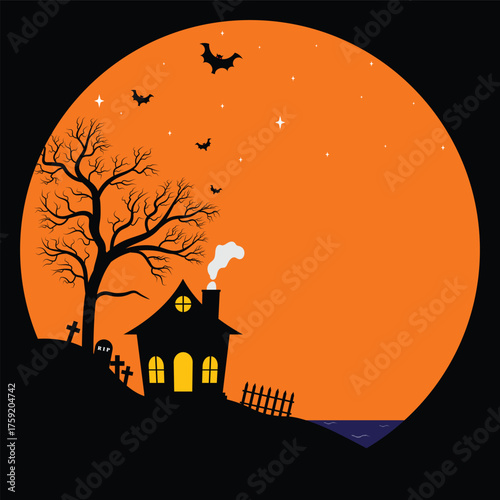 A Haunted House Surrounded By Graves And Dead Trees On A Full Moon Night