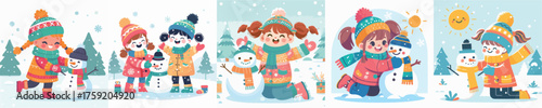 vector of a young girl playing with a snowman