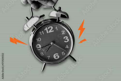 Composite collage halftone hands holding alarm clocks. Time management and deadline concept. Art collage digital pop modern art