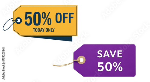 Vector illustration of two flat design price tags, including a yellow 
