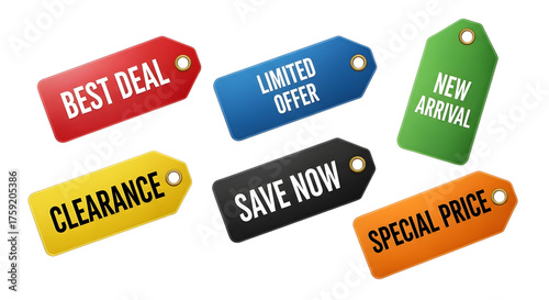A collection of colorful flat vector-style retail tags for e-commerce, featuring promotional messages like 