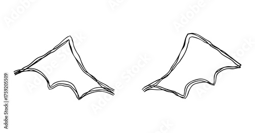 悪魔の羽の手描きの線画アイコン。複数の線が重なったモノクロの落書きベクターイラスト