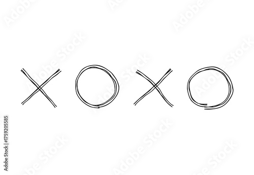 バツと丸が交互に並んだ模様の手描きの線画アイコン。複数の線が重なったモノクロの落書きベクターイラスト