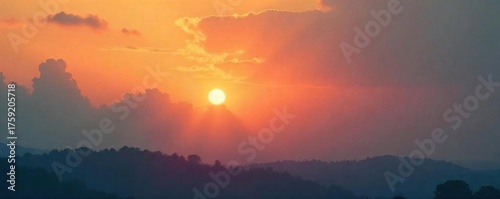 Serene Sunset Hazy Orange and Pink Sky with Thick Clouds, Peaceful and Mysterious Atmosphere