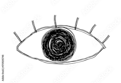 睫毛の生えた光のない目の手描きの線画アイコン。複数の線が重なったモノクロの落書きベクターイラスト