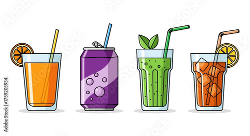 Four different drinks in glasses and a can with straws and fruit slices.