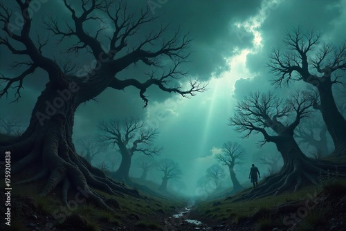 Gnarled Trees Claw at a Stormy Sky in a Rage-Filled Forest, Dark and Brooding Atmosphere, Ominous Shadows, Scary, Dramatic Landscape Photography
