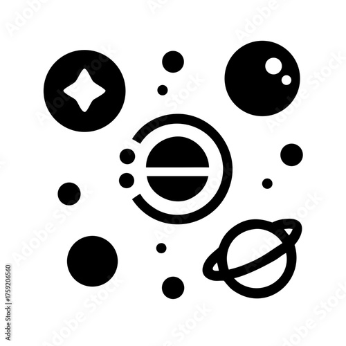 Space icons with planets, stars and asteroids