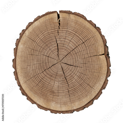 Cracked wood slice with tree rings isolated