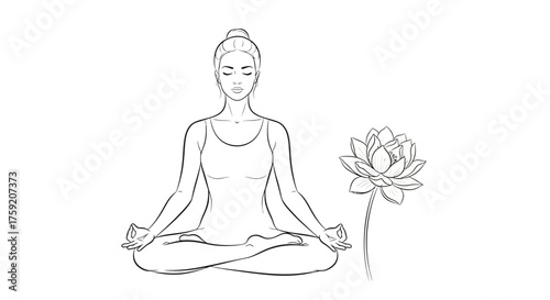 Elegant line art of a meditating woman with a lotus flower, perfect for mindfulness and wellness campaigns, promoting calm and peaceful designs