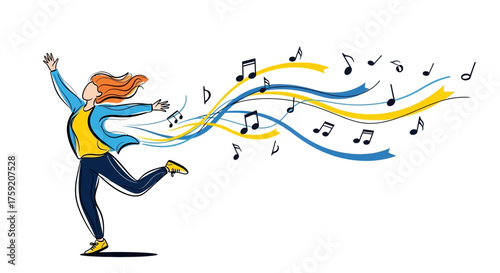 Feel the music with this vibrant illustration of a woman dancing joyfully among musical notes and colorful waves, perfect for music lovers and creative projects