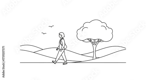 Woman walking on a path through a park with rolling hills and a tree, enjoying nature and the simple things in life during a peaceful day out