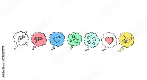 Share your thoughts with modern speech bubbles featuring hearts, stars, and plants, perfect for expressing ideas and emotions in online communication