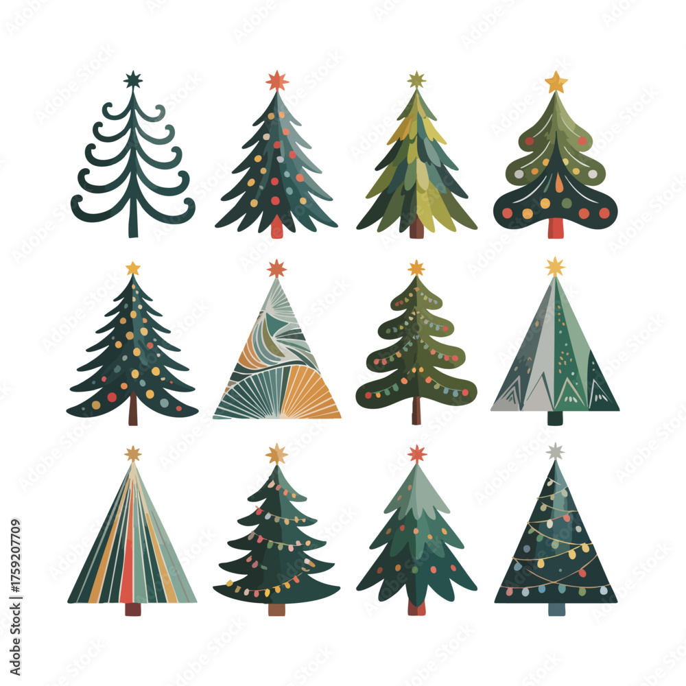 Obraz premium Collection of twelve stylized Christmas trees with stars and lights holiday winter