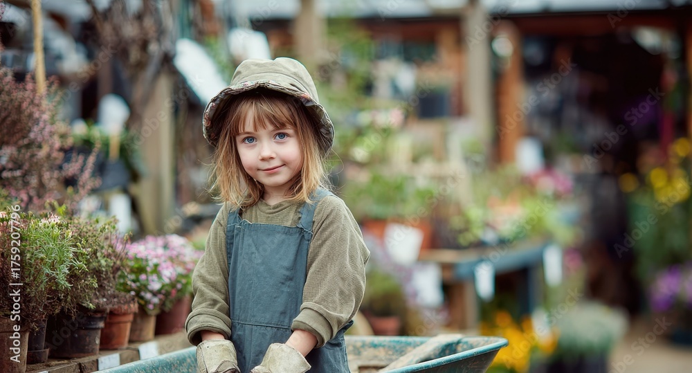Obraz premium Image of an adorable girl gardener with a wheelbarrow in a garden market