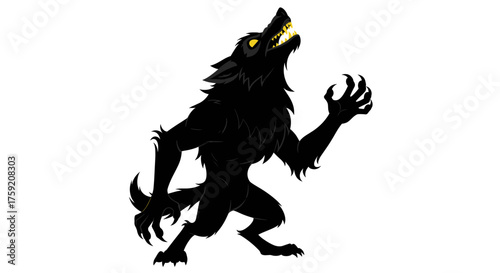 A black werewolf with glowing yellow eyes howls at the moon with sharp claws extended.