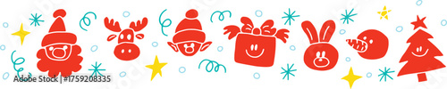 Minimalistic winter holiday symbols with a grunge texture, red and green colors, ideal for textiles, greeting cards, and calendars.