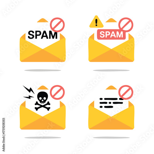 Four yellow envelopes with spam and warning icons email danger