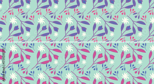 Hand-drawn abstract floral tossed seamless pattern in pastel mint, cool blue, cream and magenta variations