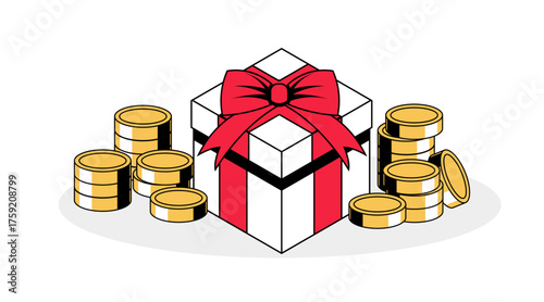 Special Reward or Cash Prize Concept, Financial Bonus, Gift Box with Money Coins Illustration