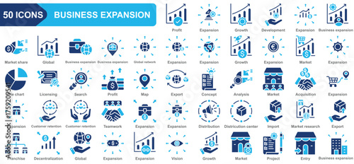 Business expansion collection icon set. Profit, Expansion, Growth, Development, Market share, Global,  pie chart. Simple flat vector.