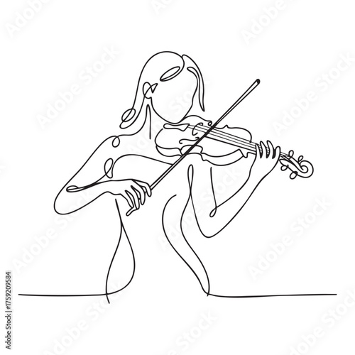 Single line drawing of a woman playing the violin music musician