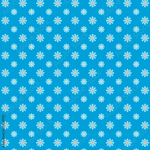 Simple geometric flowers Primitive floral pattern with white large and small daisies on a blue background