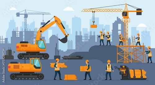 Busy construction site with workers cranes excavators and building materials creating a city