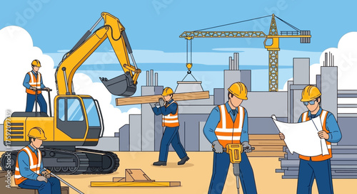 Construction workers with excavator and crane building structures Teamwork urban development industry