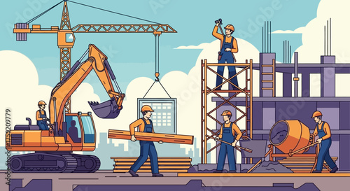 Hardworking construction crew and equipment at a busy development site