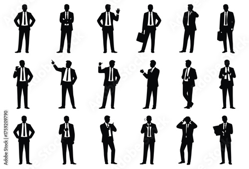 Set of businessman silhouette icons diverse poses and gestures in black and white vector illustration for business presentations and web design