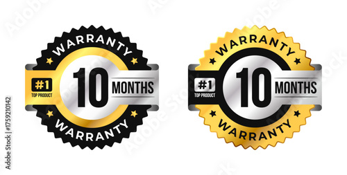Premium 10 months warranty circle badge vector with black, gold and silver colors. Perfect for product guarantee, icon, logo, symbol, seal, stickers, quality assurance, label, certification