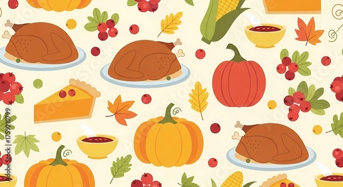 Thanksgiving themed pattern with turkey pumpkins pie corn and autumn leaves design