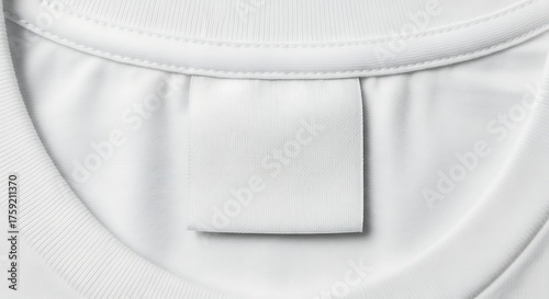Closeup of blank white clothing label sewn into the collar of a clean tshirt, ready for branding and product information, showcasing simplicity and potential.